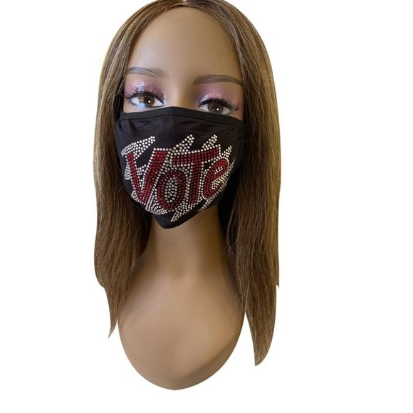 VOTE Bling Rhinestone Face Mask With Filter Pocket Red - Picture 1 of 11